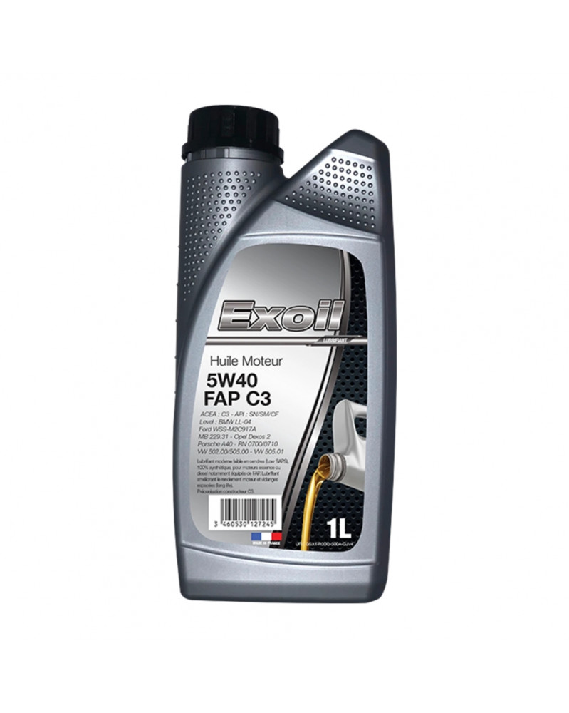 Huile moteur, 5w40 FAP C3, 1L - Exoil | Mongrossisteauto.com Huile moteur, 5w40 FAP C3, 1L - Exoil | Mongrossisteauto.com