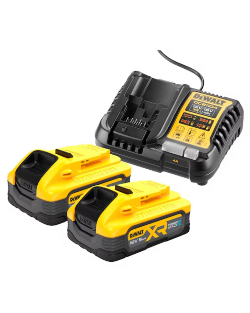 Lot de 2, batterie Dewalt Powerstack, 5ah, XR 18V + chargeur DCB1104 - DEWALT | Mongrossisteauto.com