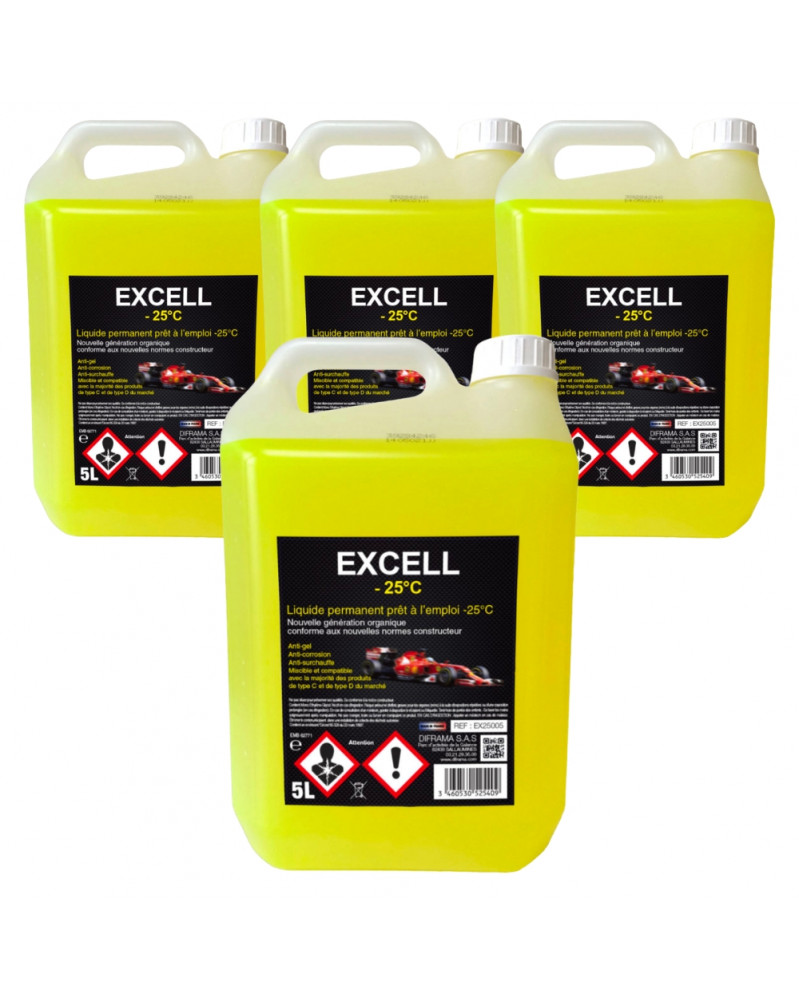 Lot de 4 Liquide de refroidissement, jaune, 5L, EXCELL -35°C - Diframa | Mongrossisteauto.com