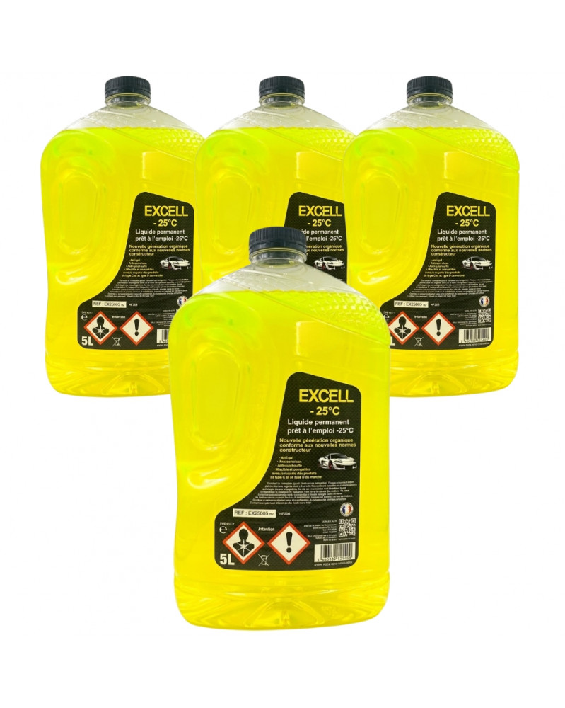 Lot de 4 Liquide de refroidissement, jaune, 5L, EXCELL -25°C - Diframa | Mongrossisteauto.com