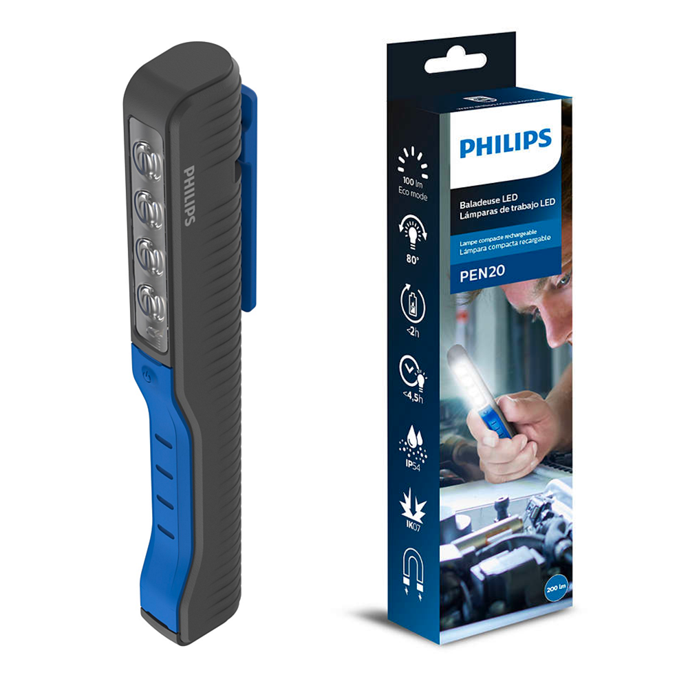 Philips Lpl42 LED Lampe De Travail Pen20 Avec Batterie Manche Aimanté